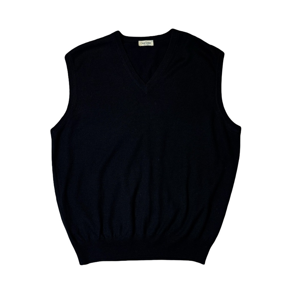 Gran Sasso mens 52 L Large black solid 100% wool v-neck sweater vest EUC